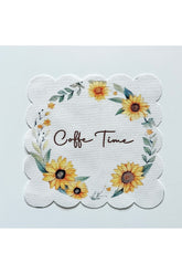 Coffee Time Ayçiçeği Çelenk Desenli Kumaş Kokteyl Peçetesi Yıkanabilir Lazer Kesimli